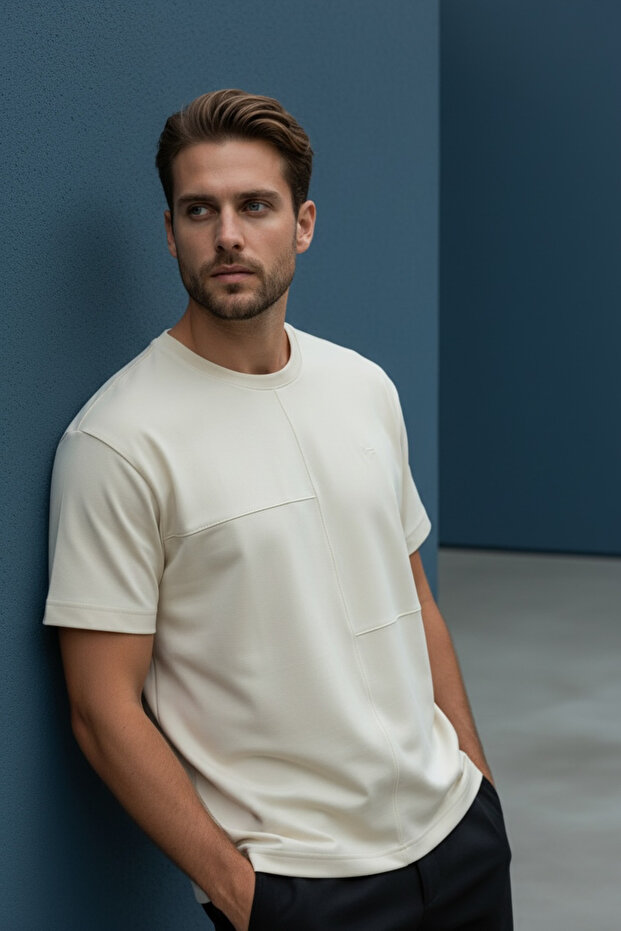 Men's Beige Oversize Crew Neck T-Shirt in Regular and Oversized Sizes - 172