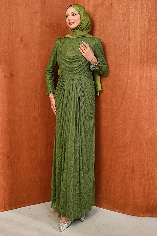 Khaki Front Detailed Laced Evening Dress