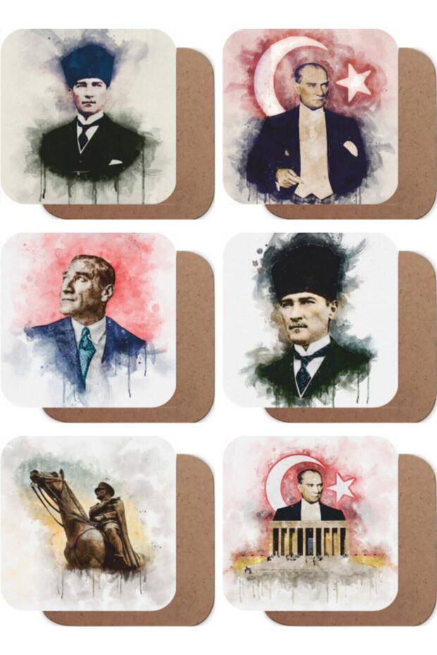 Mustafa Kemal Atatürk Oil Painting Set of 6 Wooden Coasters
