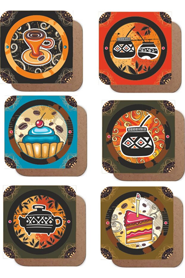 Colorful Retro Tea Coffee Themed 6-Piece Wooden Coasters Set-1