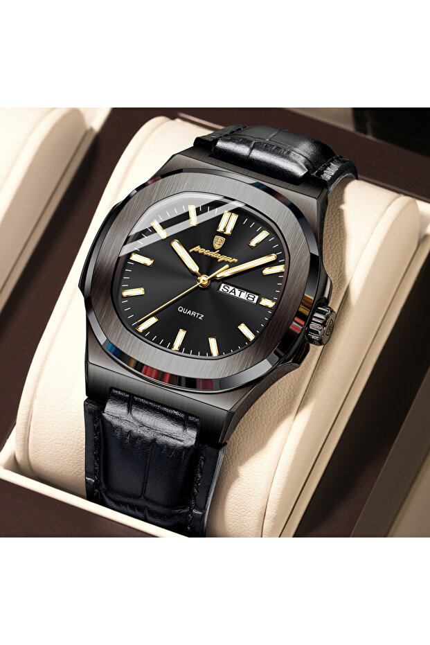 853 Black Black Luxury Square Men Wristwatch Luminous Waterproof Week Date Male Clock Leather Quart