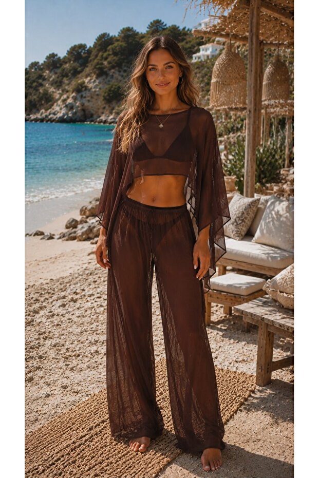 Coffee Lux Chiffon Fabric Blouse and Pants Beach Wear 2 Piece Set L/Xl