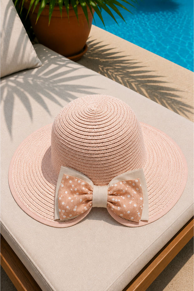 Polka Dot Bowknot Adjustable Back Strap Straw Hat Powder