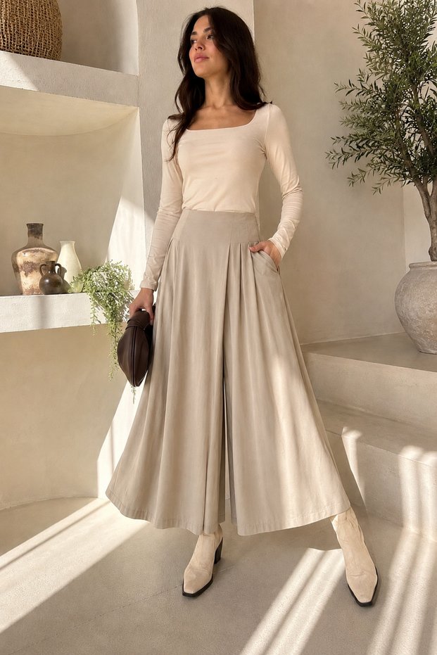 Women's Beige 100% Tencel Elastic Waist Double Pocket Skirt-Looking Pants