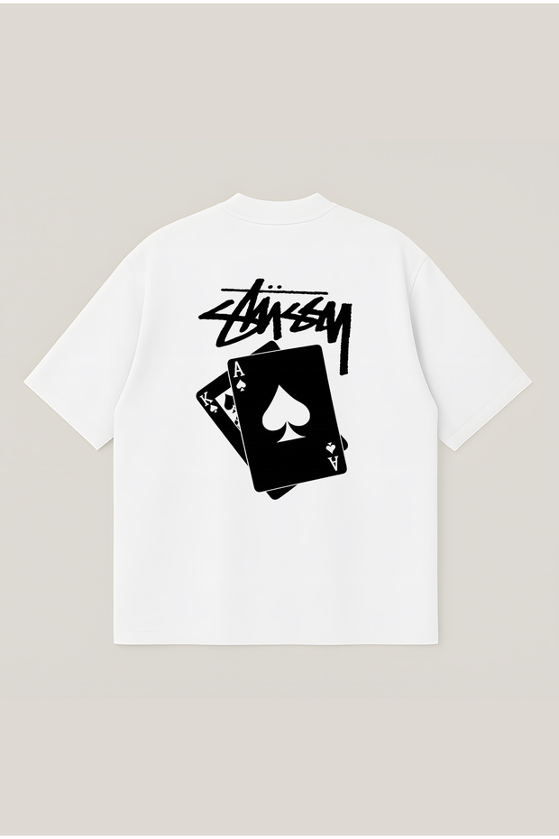 Stussy Aces Printed Oversize Boxy Cut Unisex 100% Cotton Printed Tshirt | Streetwear