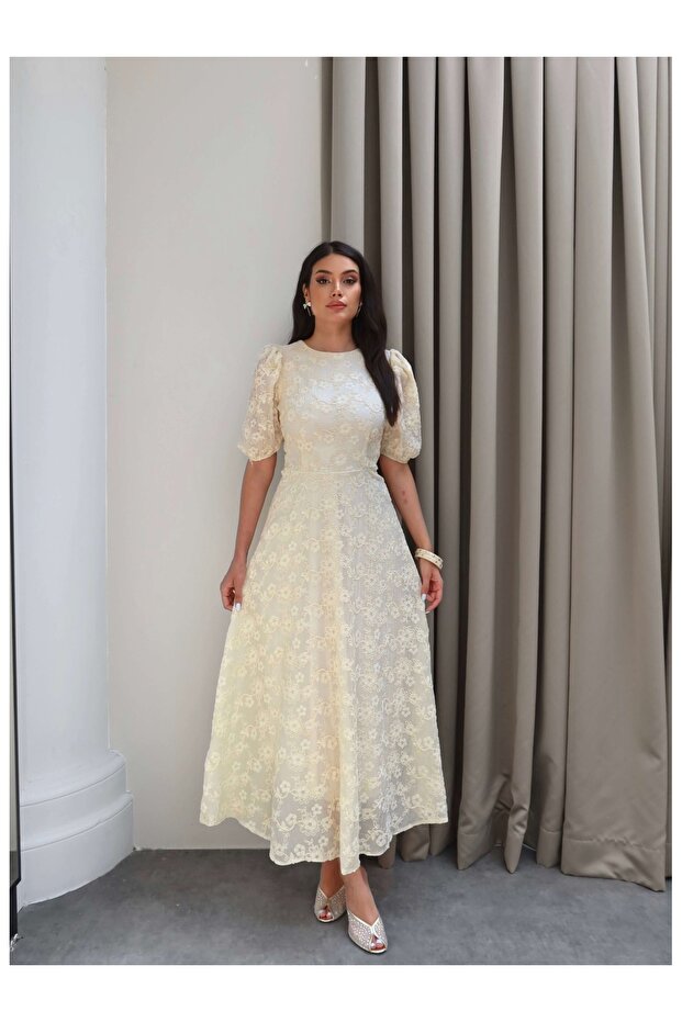 Balloon Sleeve Floral Embroidered Dress