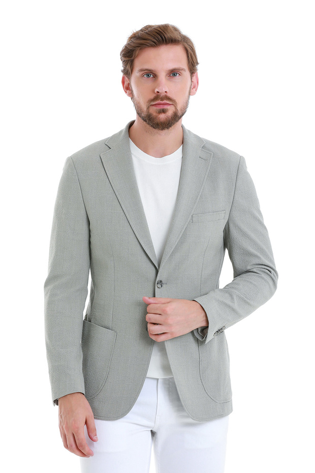 Gray Slim Fit Checkered Mono Collar Classic Jacket