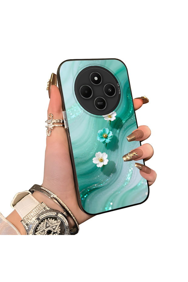 Redmi 14C Compatible Silicone Edge Hard Back Case Couple Phone Case with Floral Pattern