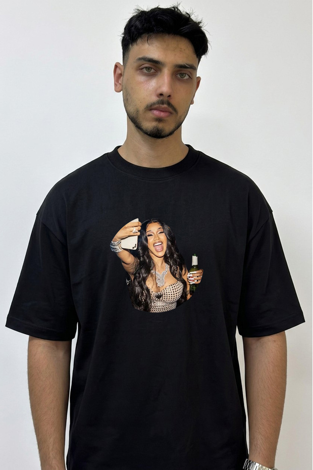 Cardi B_45 Design Printed Oversize Black T-Shirt