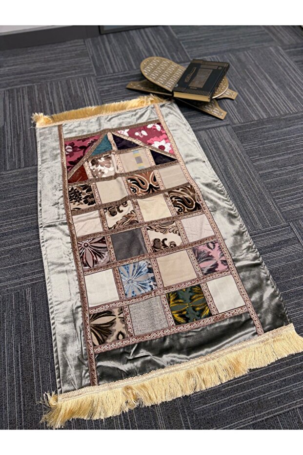 Modern Patchwork Mosaic Patterned Fringed Prayer Rug