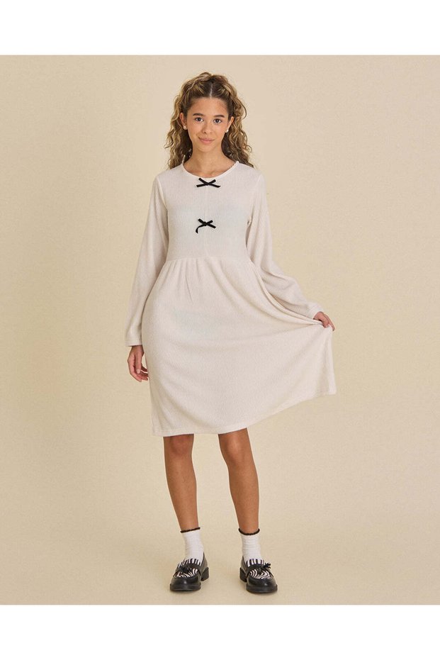 Senior Girls Beige Rib Bow Dress
