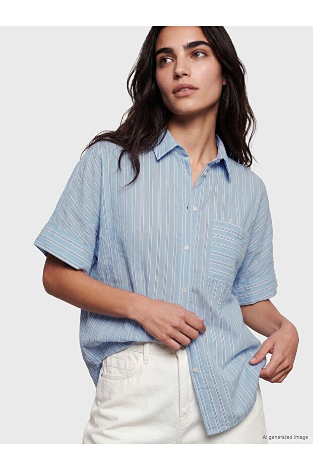Lcw Vision Blue Striped Oversize Women's Shirt