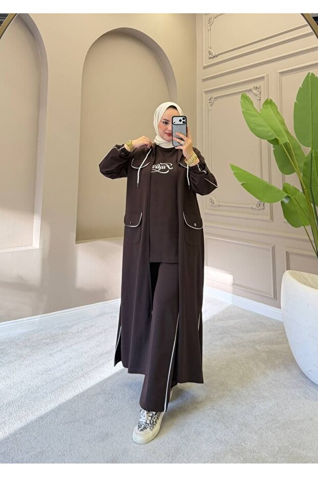 Women's 3-Piece Tracksuit Set with Hooded Long Cardigan Sweatshirt and Wide-Leg Pants, Two Threads N-05530 _ Brown