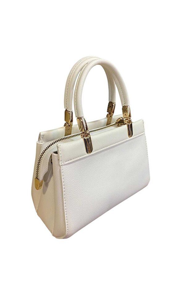 Stylish Accessory Detailled Bag with Hand Grip and Crossbody Strap White