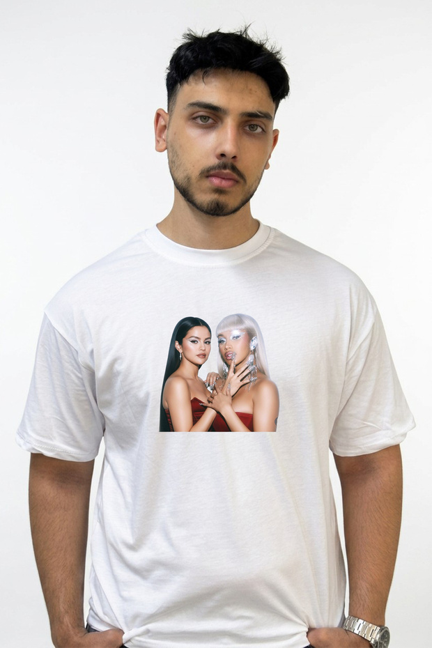 Selena Gomez Cardi B Design Printed Oversize White T-Shirt