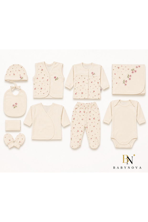 Babynova Premium 10 Piece Rose Patterned Newborn Hospital Discharge Set – Ecru
