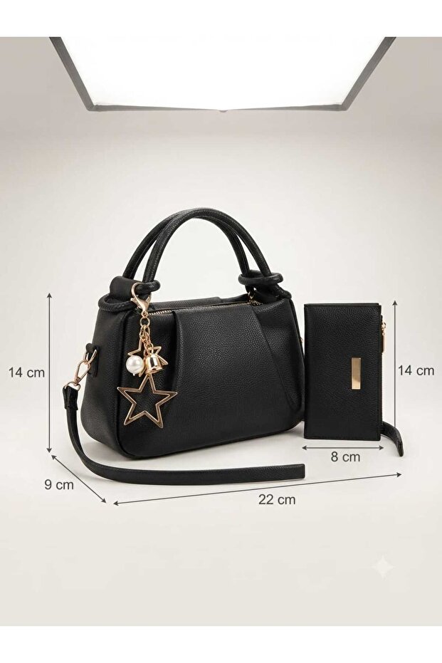 Women's Wallet Shoulder Bag Klasya Leatherblack Mini Handbag with Star Accessories Cross Strap Set of 2