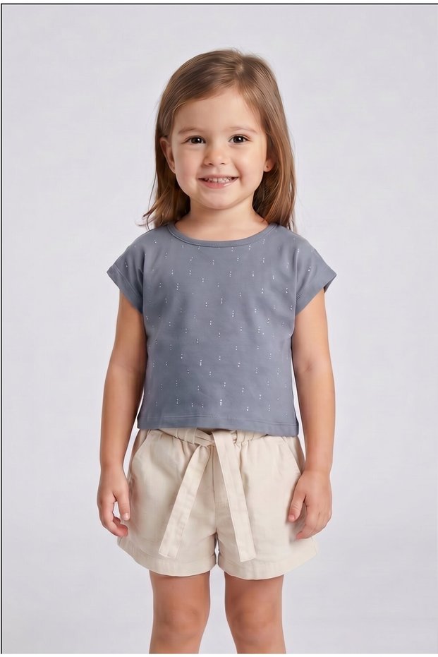 Girl's Stone Detailed T-Shirt and Belted Shorts Set