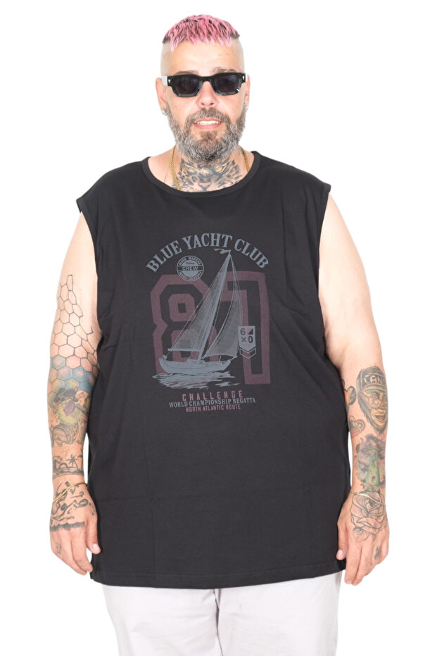 Large Size 100% Cotton Zero Sleeve T-Shirt Printed Mode Marına 26016 Black