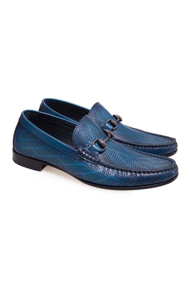 Blue Color Laceless Genuine Leather Men's Shoes
