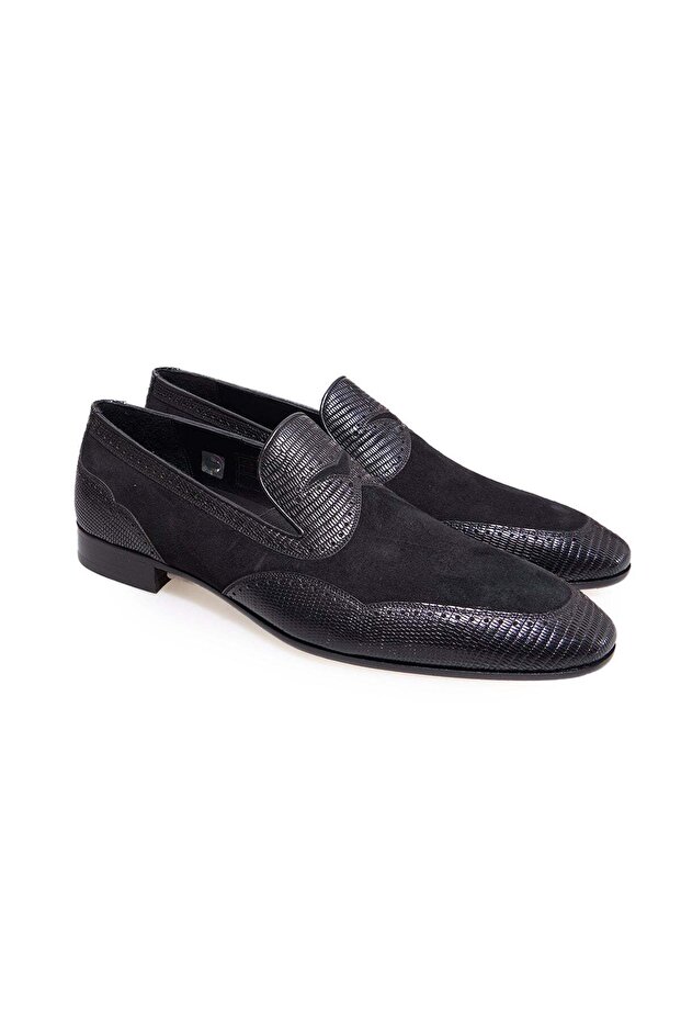 Black Color Laceless Genuine Leather Suede Men's Shoes
