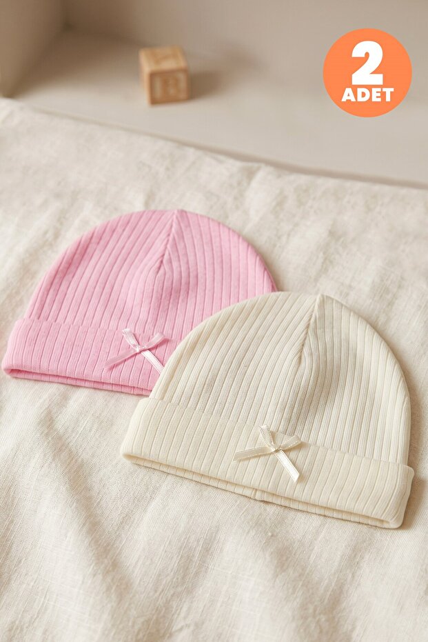 Baby Girl 2-Piece 100% Cotton Beanie Set, Solid Color, Textured, Flexible and Comfortable (682501)