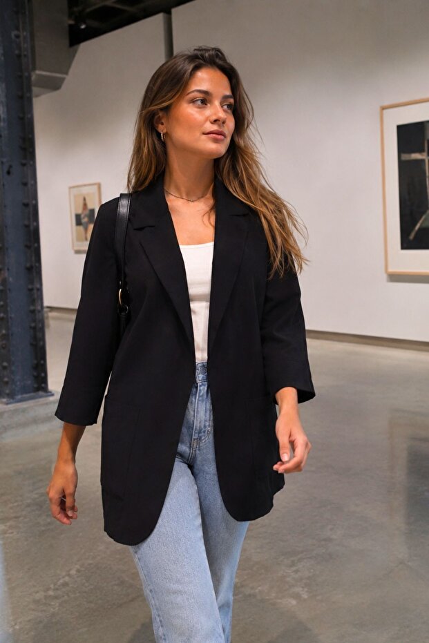Women's Black Oversize Jacket with Pockets Arm-26K001005