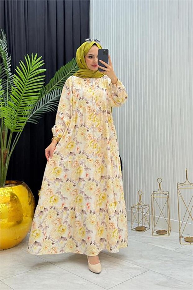 Women's Yellow Button-Down Floral Patterned Summer Hijab Dress Nms098