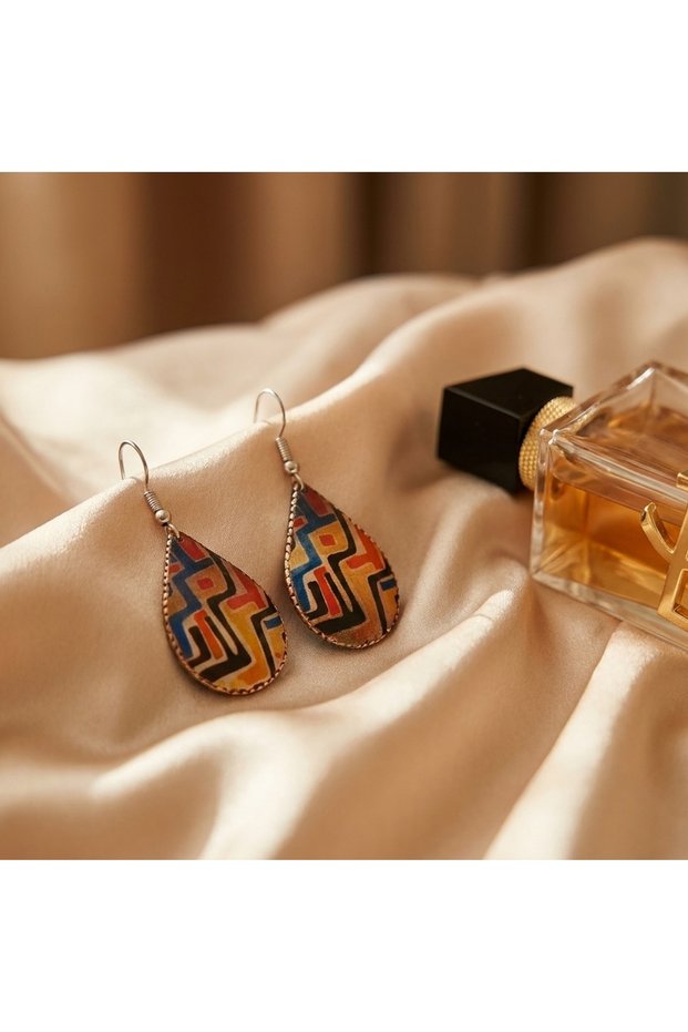 Copper Orange Navy Blue Geometric Patterned Dangle Earrings