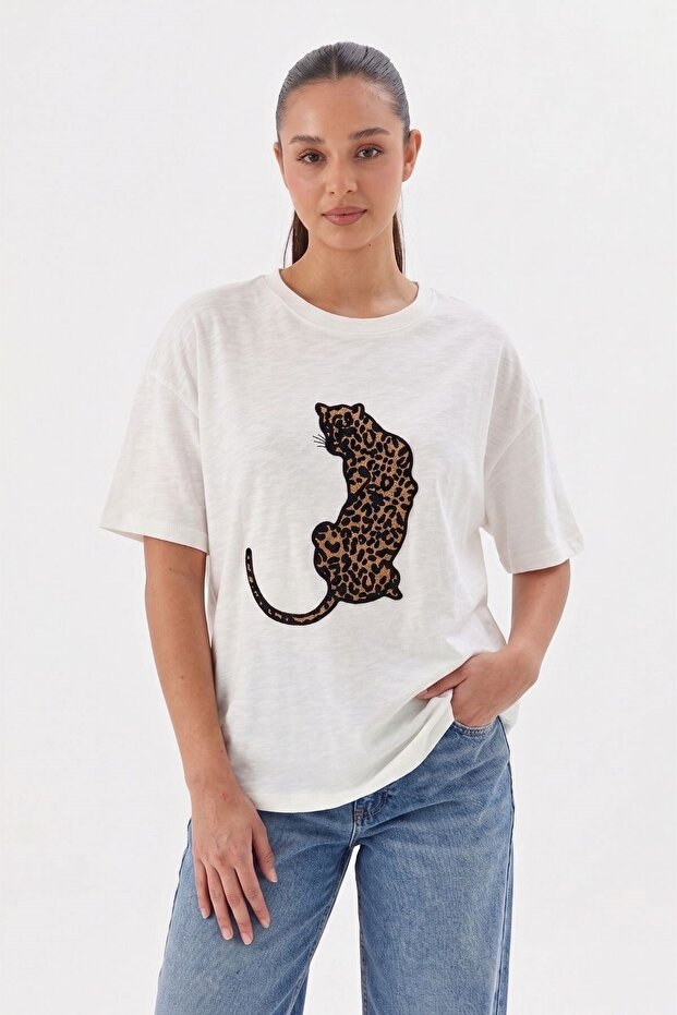 Panter embroidered t-shirt ecru