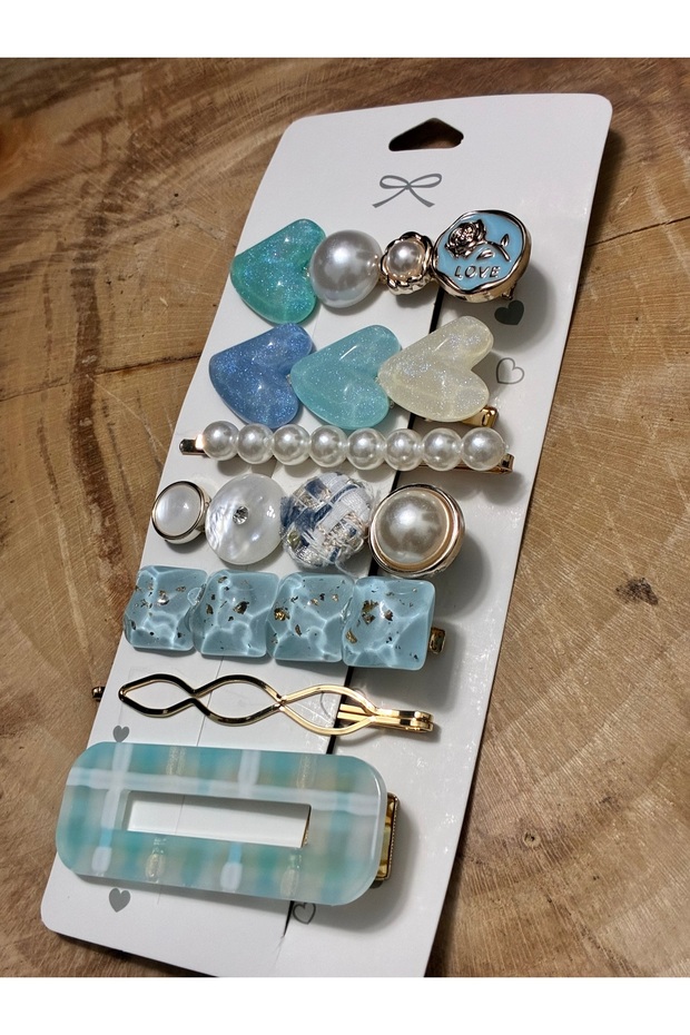 Women's blue turquoise side buckle set of 7 - plaid patterned acetate and pearl heart shaped snap buckle