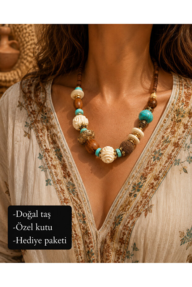 Virelith Bohemian Natural Stone and Wood Bead Handmade Design Necklace