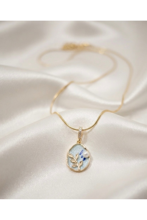 Pearl and Leaf Symbol Turquoise Steel Necklace - Gold