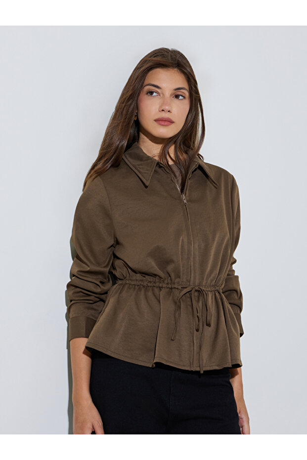 Brown Long Sleeve Drawcord Waist Shirt