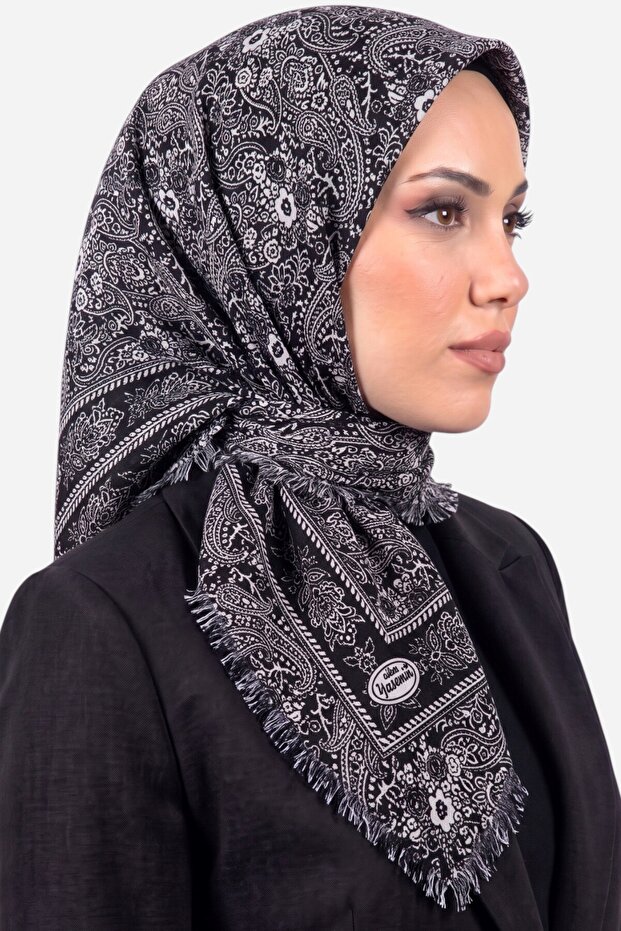وشاح نسائي أسود وأبيض أصلي منقوش بنمط الشال