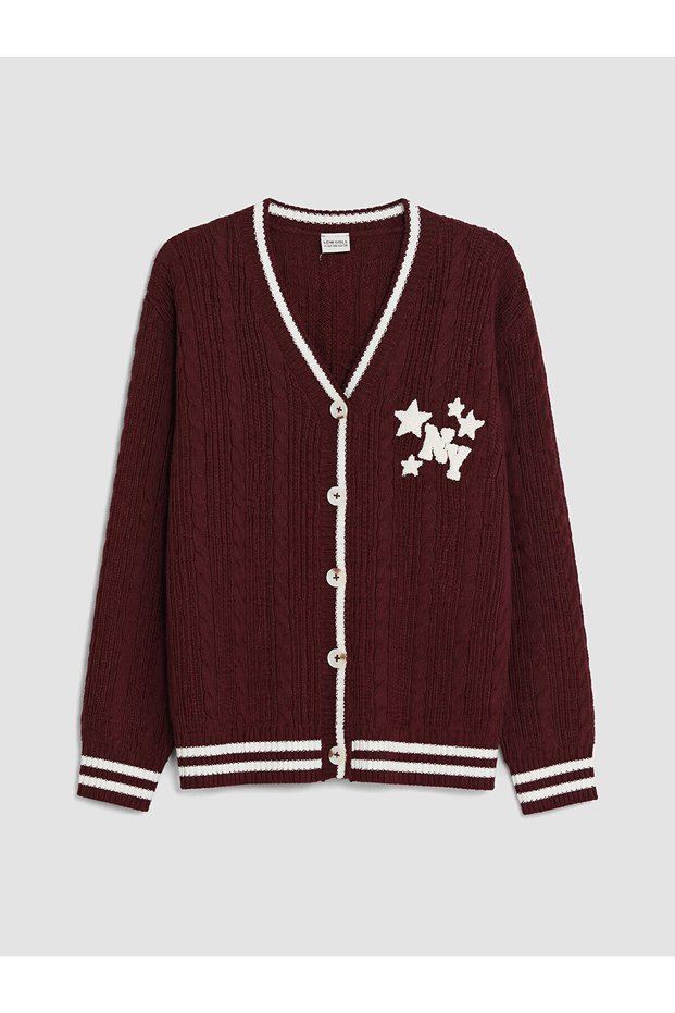 Özmarka New Season V-Neck Embroidery Detailed Girls' Knitwear Cardigan