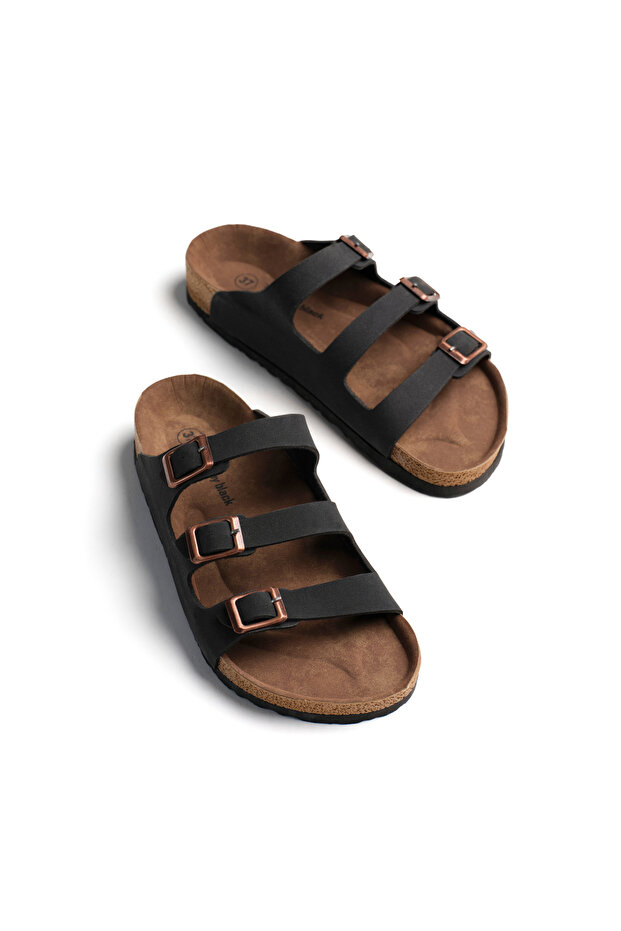 Women's Black Comfortable Fit 3 Buckle Strap Slippers