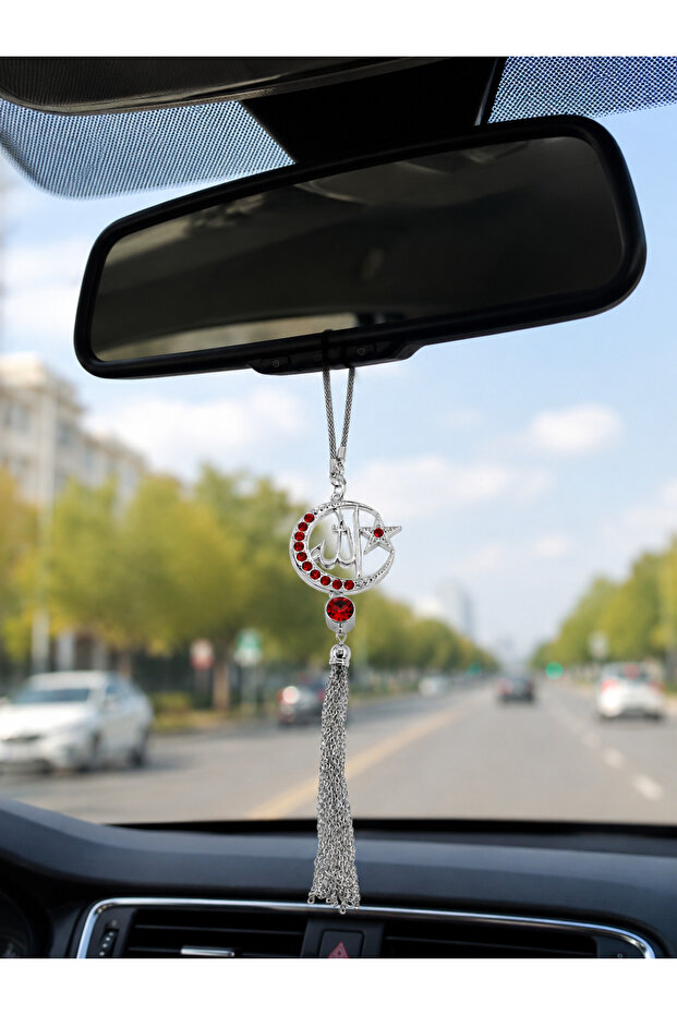 Allah Written Moon Star Stone Car Rearview Mirror Ornament – Metal Auto Accessory with Red Stone – Decorative Islamic Gift