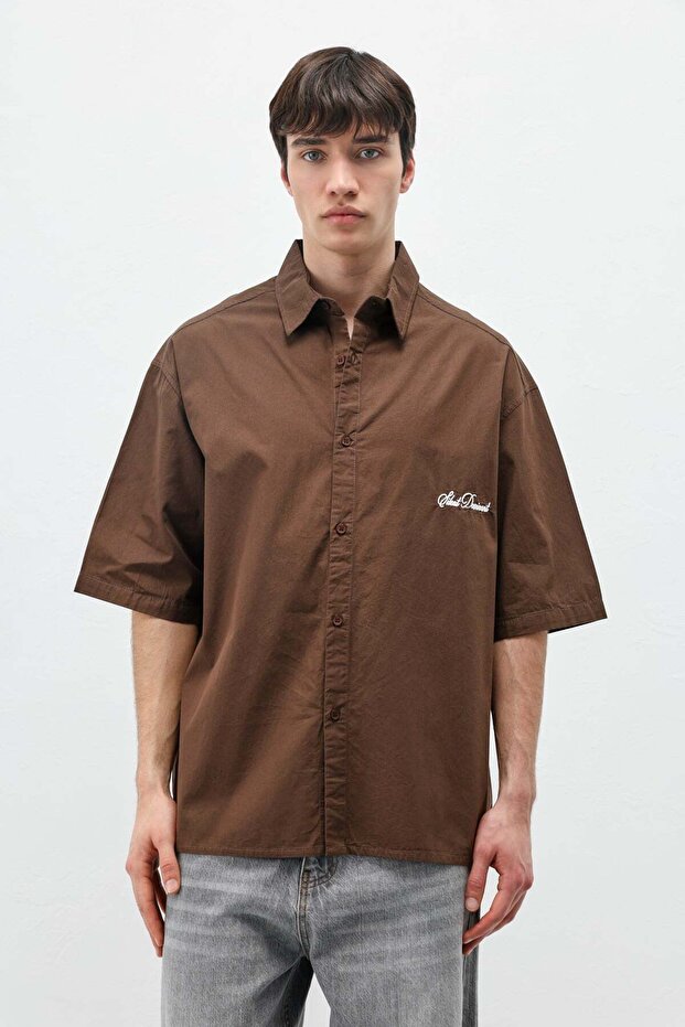 Oversize Text Printed Short Sleeve Shirt Coffee