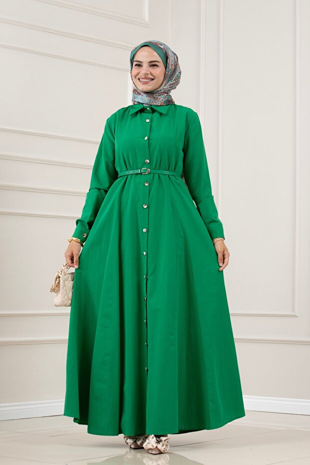 Shirt Collar Belted Berra Dress-Green