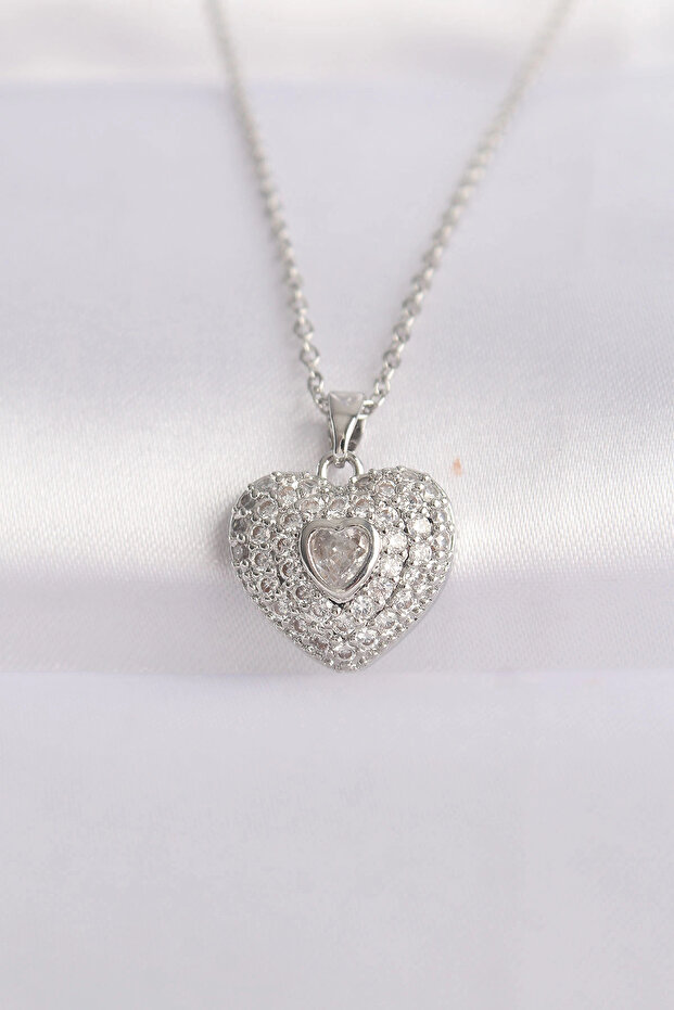 316L Steel Chain Silver Color Zircon Stone Heart Necklace