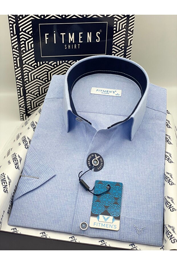 Classic Short Sleeve Linen Cotton Gift Boxed Men's Shirt Fs-003624 - Blue