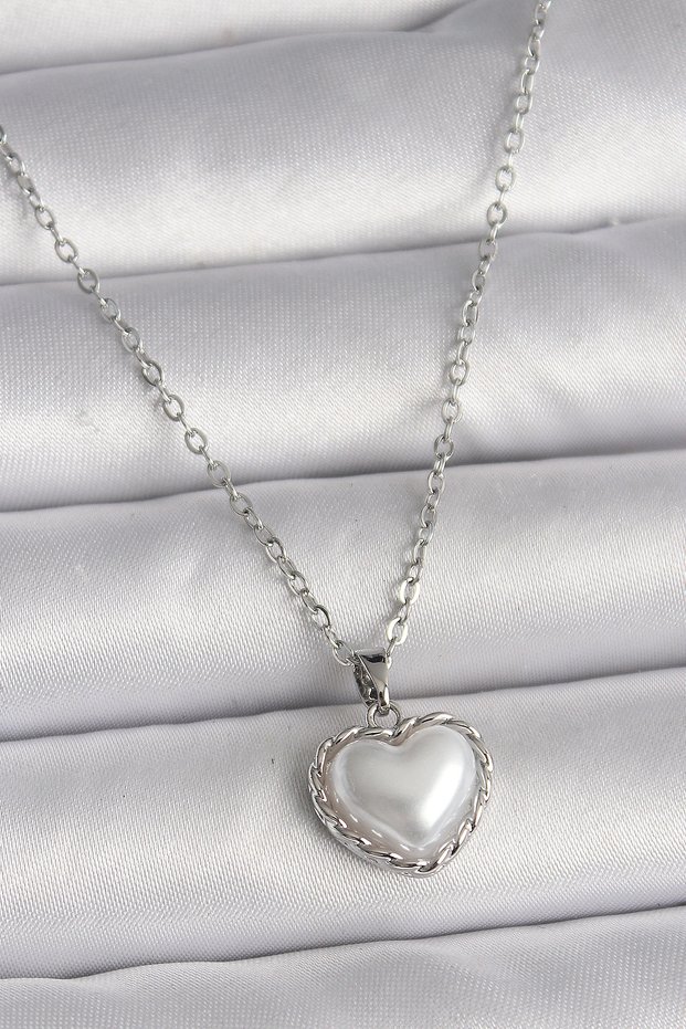 316L Steel Silver Color Chain 3D Pearl Heart Model Women's Necklace