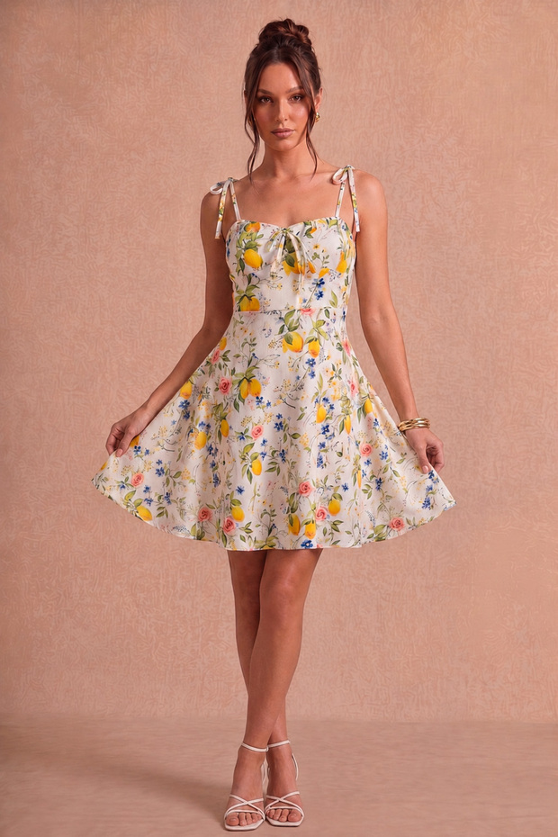 Lemon and Floral Patterned Dress with Tie Detail