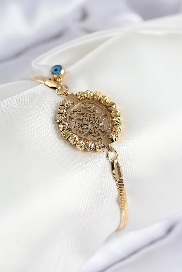 316L Steel Evil Eye Bead Detailed Tree of Life Model Italian Chain Gold Color Women's Bracelet
