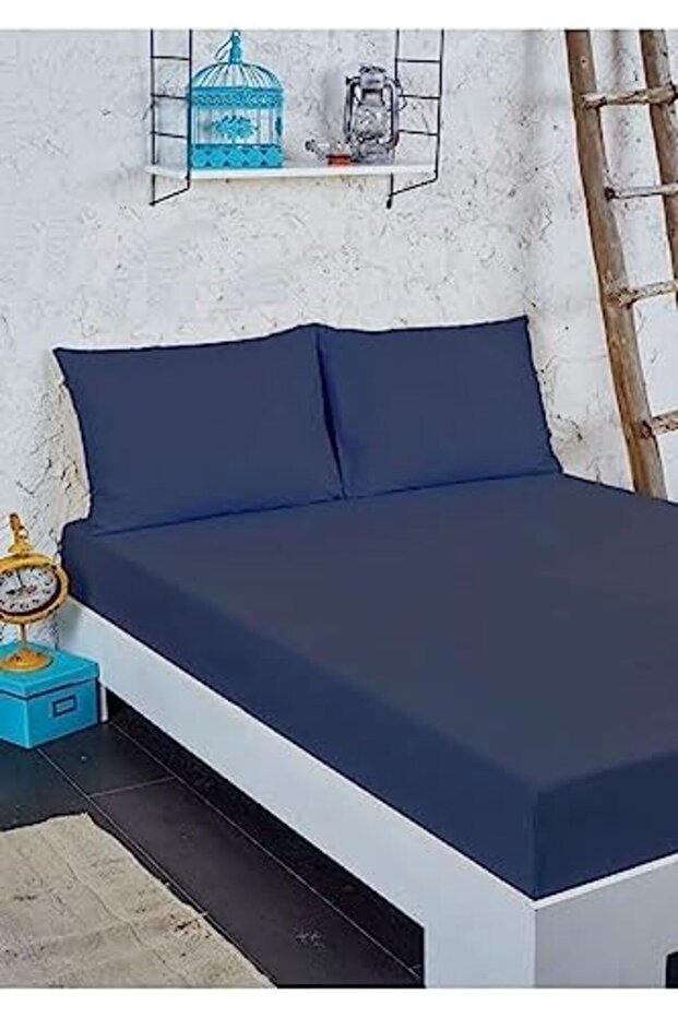 طقم ملاءات قطنية مزدوجة من ألبمو مقاس 160x200 - أزرق داكن 888483