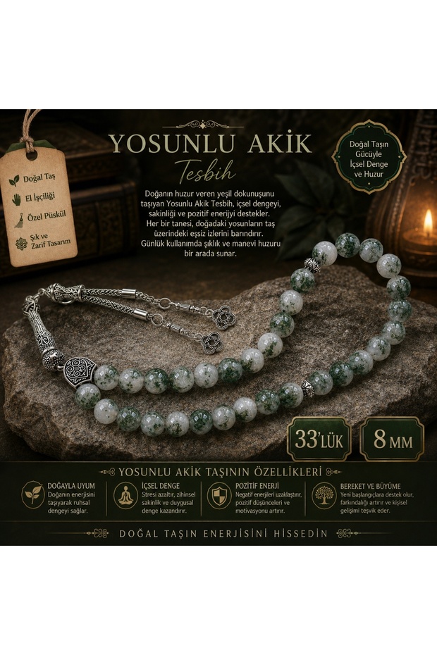 Natural Moss Agate Stone Prayer Beads 33 Pieces - 8 mm Silver Hook Men's Prayer Beads