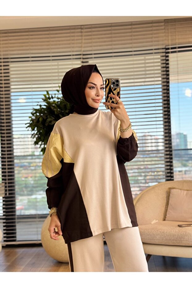 22863 بدلة ملونة متعددة القطع باللون البيج