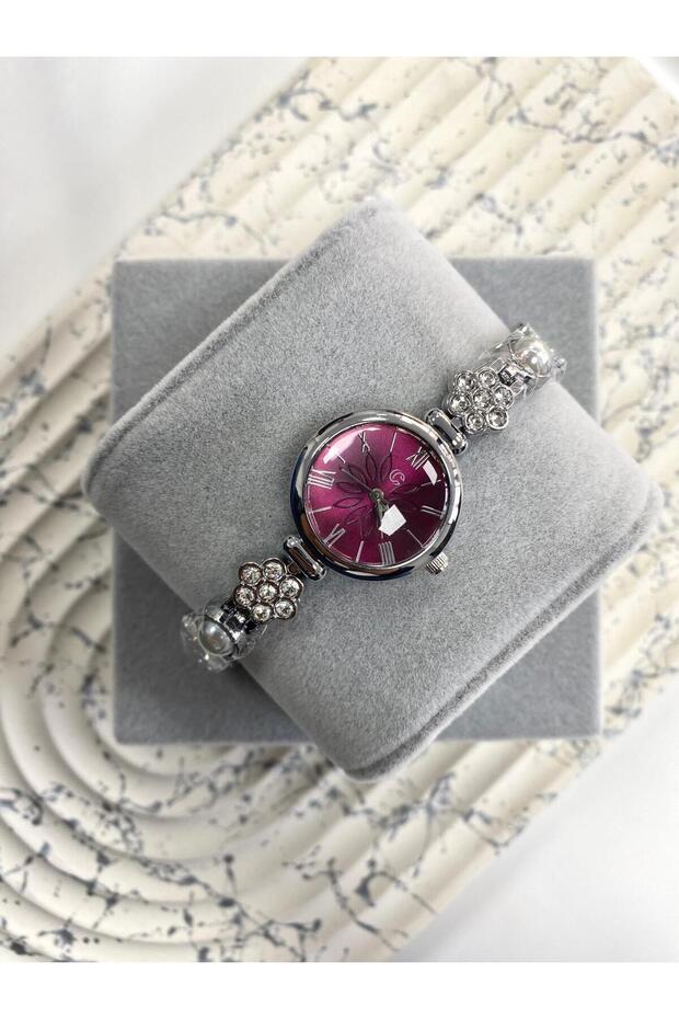 Lotus Stone Cord Silver Claret Red Dial Women's Wristwatch