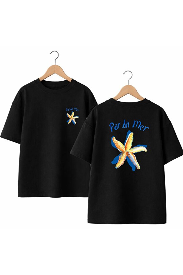 Par La Mer Back and Front Chest Printed 100% Cotton Oversize Loose Regular Fit Crew Neck T-Shirt